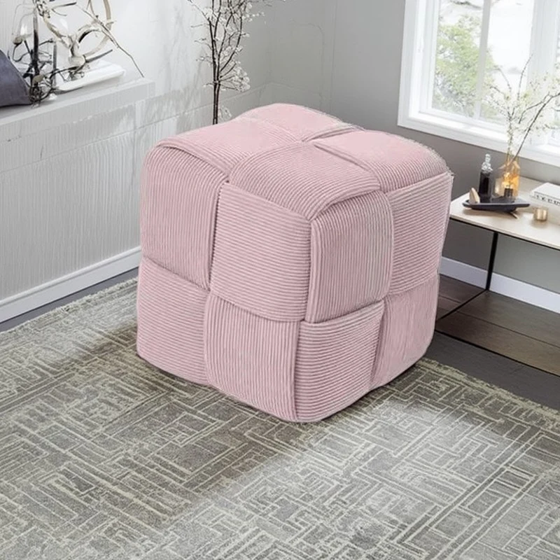 Contemporary Nordic Corduroy Solid Wood Square Cube Low Stool With Anti-Slip Feet For Bedroom & Living Room