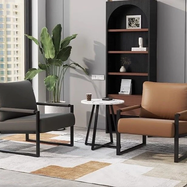 Contemporary Nordic Faux Nappa Leather & Iron Square Accent Chair For Bedroom & Living Room