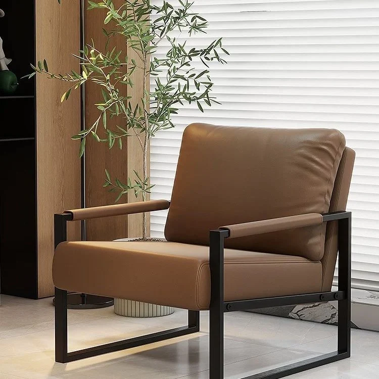 Contemporary Nordic Faux Nappa Leather & Iron Square Accent Chair For Bedroom & Living Room