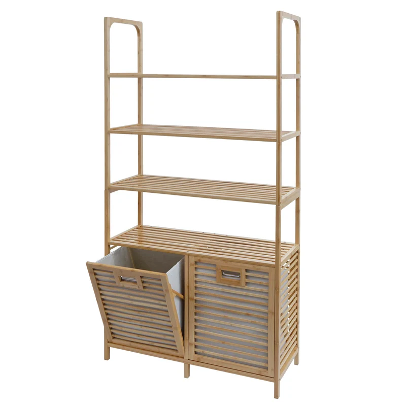 Meuble de salle de bain en bambou 4 étagères + 2 paniers à linge 168x81x33 cm 04_0009763