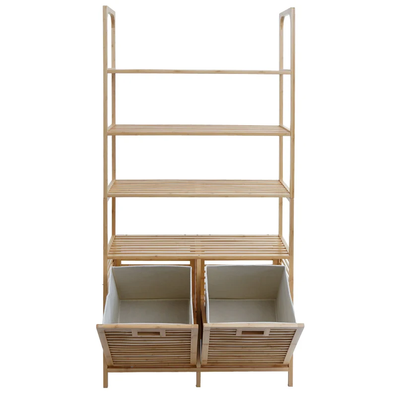 Meuble de salle de bain en bambou 4 étagères + 2 paniers à linge 168x81x33 cm 04_0009763