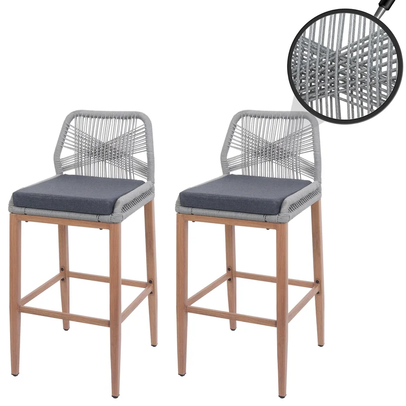Lot de 2 tabourets de bar extérieur avec dossier cordage élastique décoratif gris clair et repose-pieds structure acier effet bois coussins gris foncé 04_0009640