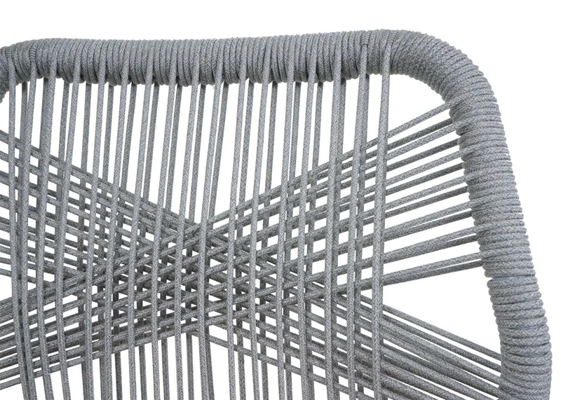 Lot de 2 tabourets de bar extérieur avec dossier cordage élastique décoratif gris clair et repose-pieds structure acier effet bois coussins gris foncé 04_0009640