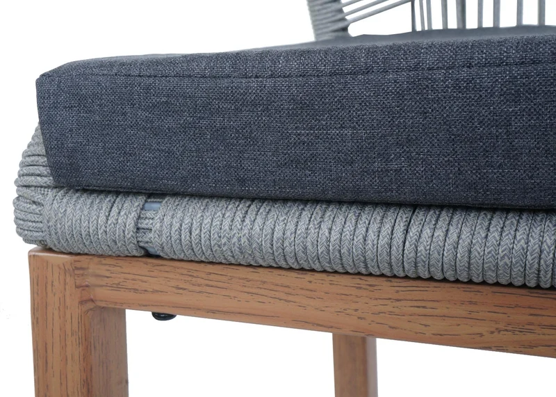 Lot de 2 tabourets de bar extérieur avec dossier cordage élastique décoratif gris clair et repose-pieds structure acier effet bois coussins gris foncé 04_0009640