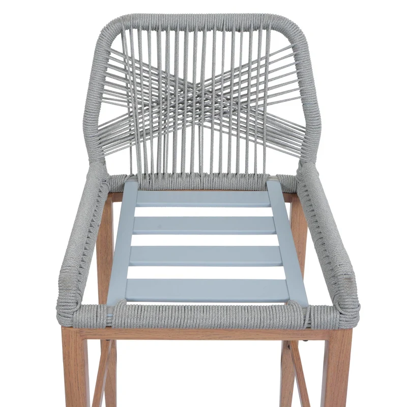 Lot de 2 tabourets de bar extérieur avec dossier cordage élastique décoratif gris clair et repose-pieds structure acier effet bois coussins gris foncé 04_0009640