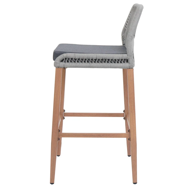 Lot de 2 tabourets de bar extérieur avec dossier cordage élastique décoratif gris clair et repose-pieds structure acier effet bois coussins gris foncé 04_0009640