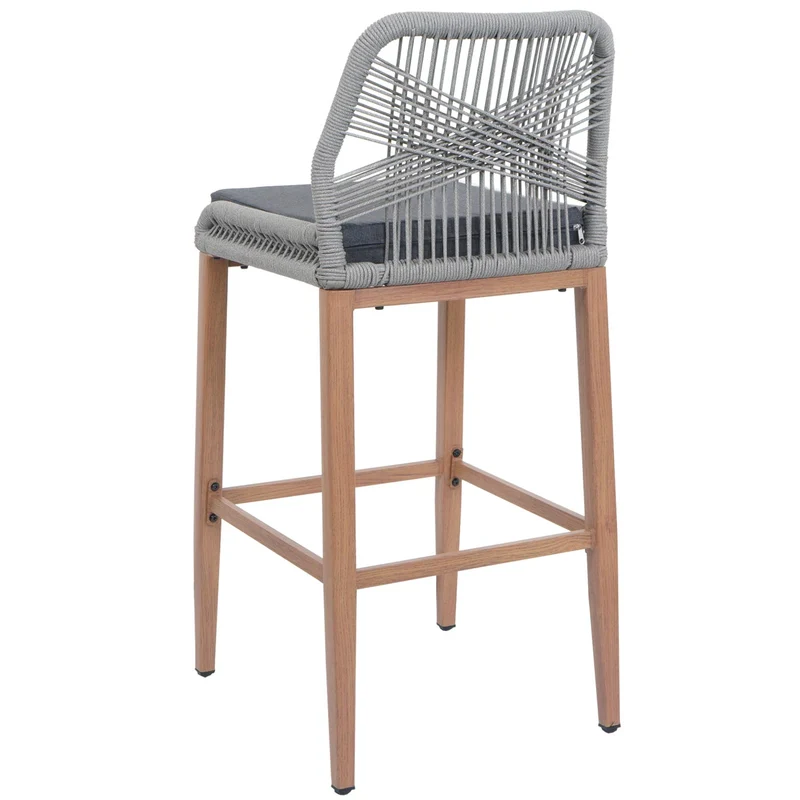 Lot de 2 tabourets de bar extérieur avec dossier cordage élastique décoratif gris clair et repose-pieds structure acier effet bois coussins gris foncé 04_0009640