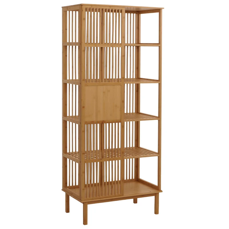 Étagère sur pied en bambou meuble de salle de bain avec porte coulissante 5 étagères 186x80x45 cm 04_0009769