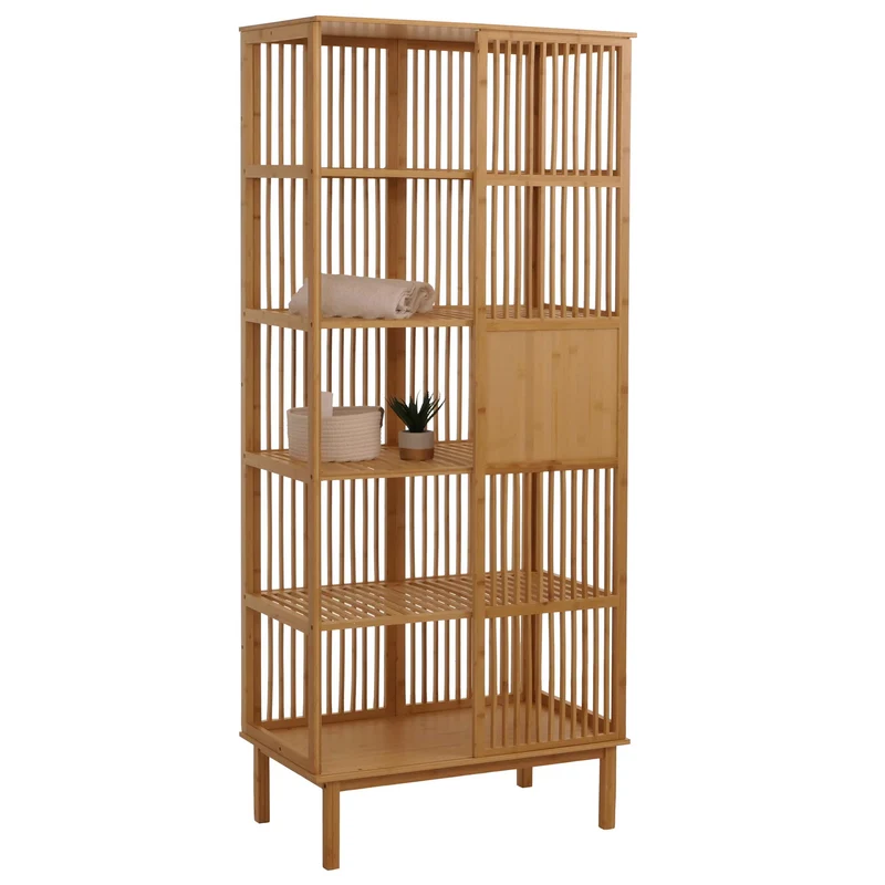 Étagère sur pied en bambou meuble de salle de bain avec porte coulissante 5 étagères 186x80x45 cm 04_0009769
