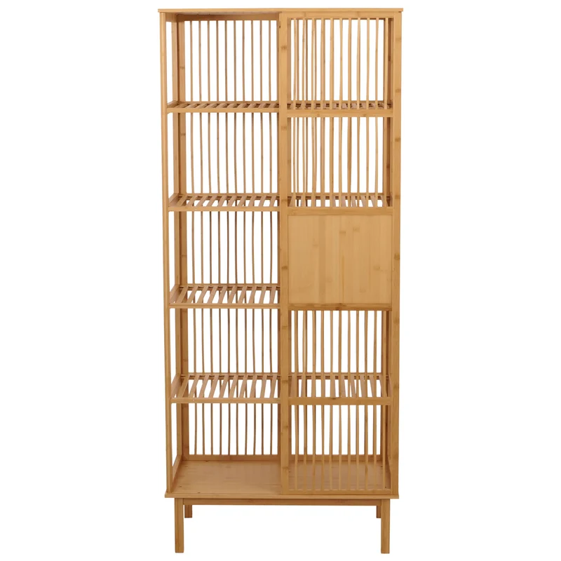 Étagère sur pied en bambou meuble de salle de bain avec porte coulissante 5 étagères 186x80x45 cm 04_0009769