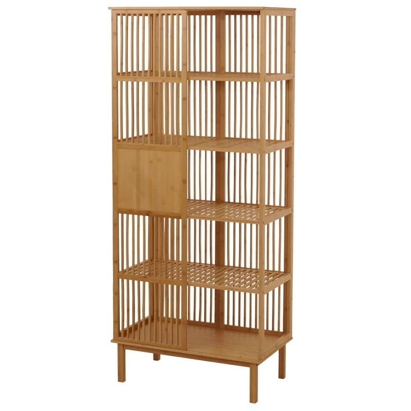 Étagère sur pied en bambou meuble de salle de bain avec porte coulissante 5 étagères 186x80x45 cm 04_0009769