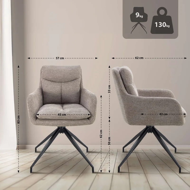 Lot de 2 chaises de salle à manger avec accoudoirs assise fonction pivotante en tissu taupe 10_0007440