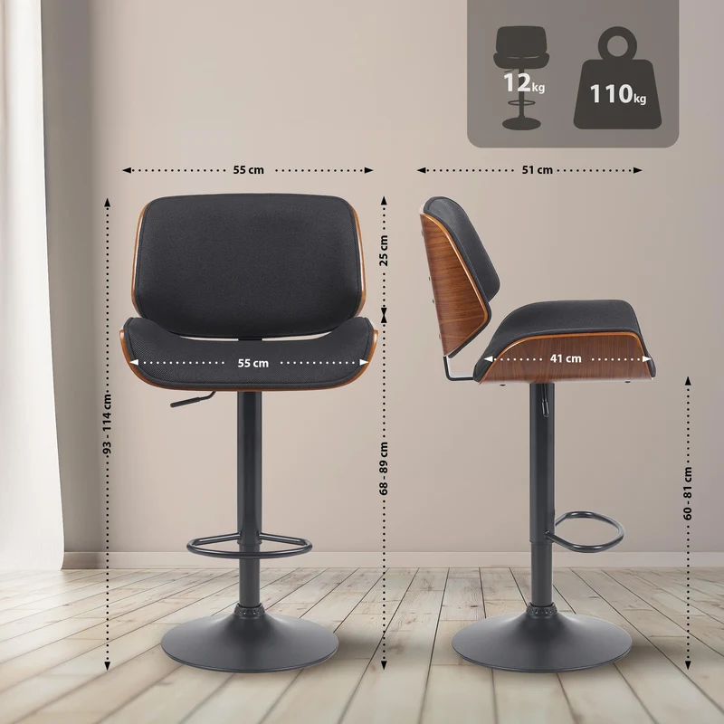 Tabouret de bar x1 style moderne rétro en tissu noir assise en bois courbé couleur noyer cadre métal noir 10_0005918