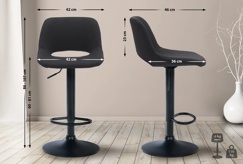 Tabourets de bar chaises haute x2 avec repose-pieds en tissu noir piètement métallique noir 10_0004098