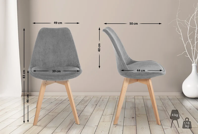 Chaise de salle à manger x1 design scandinave en velours côtelé gris et pieds en bois clair 10_0002278