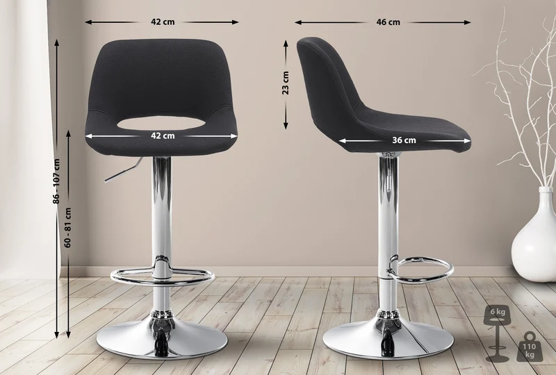 Tabouret de bar chaise haute x1 avec repose-pieds en tissu noir piètement métallique chromé 10_0004613