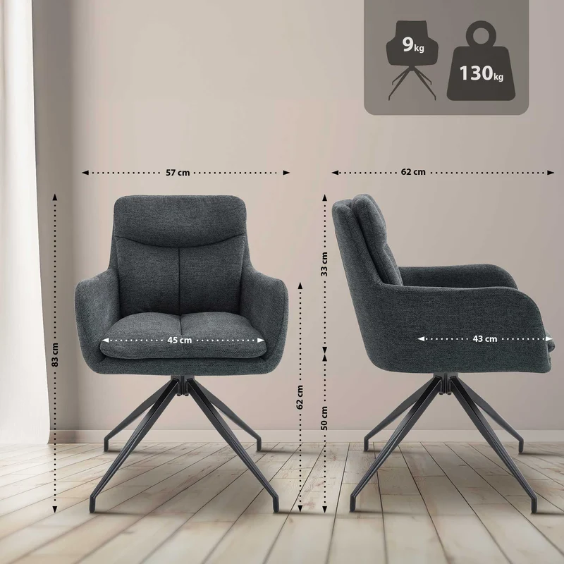 Chaise de salle à manger x1 avec accoudoirs assise fonction pivotante en tissu gris foncé 10_0007504