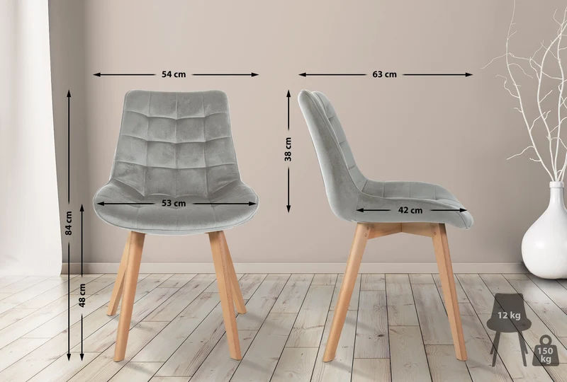 Chaise de salle à manger x1 design scandinave coutures carrées en velours gris pieds en bois clair 10_0002188