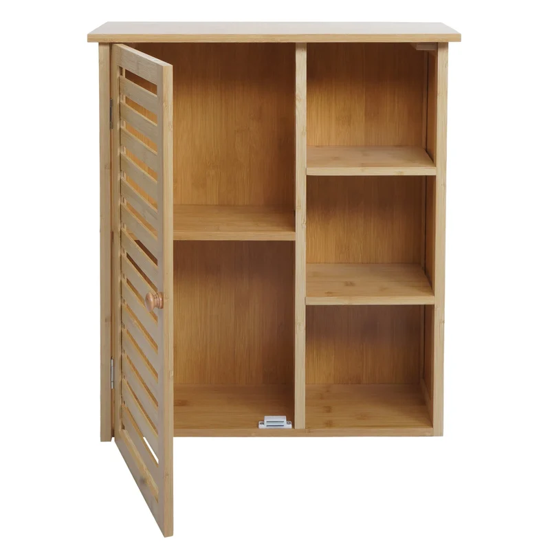 Armoire murale salle de bain meuble suspendu en bambou avec porte et 5 compartiments 60 x 50 x 19 cm 04_0009137