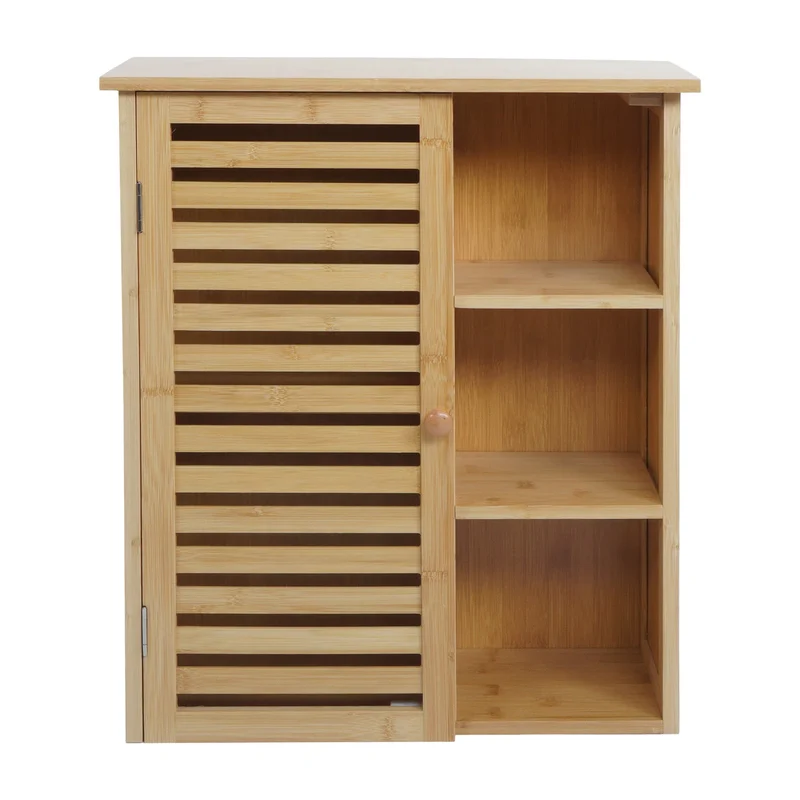 Armoire murale salle de bain meuble suspendu en bambou avec porte et 5 compartiments 60 x 50 x 19 cm 04_0009137