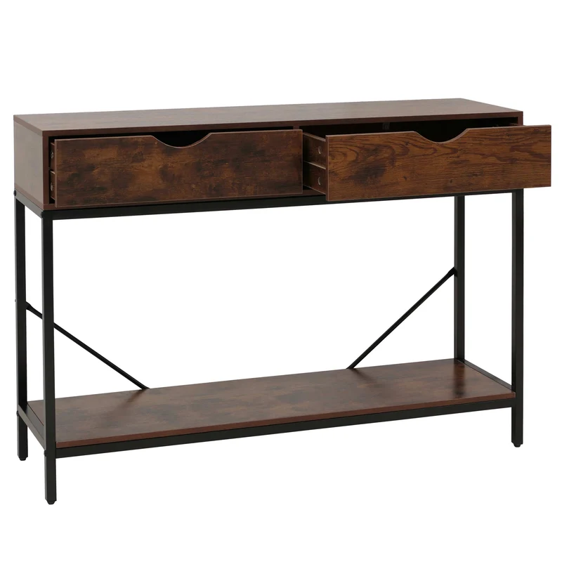 Console industrielle table d’appoint avec 2 tiroirs et étagère 109 x 30 cm en MDF mélaminé rouge brun et métal noir 04_0009106