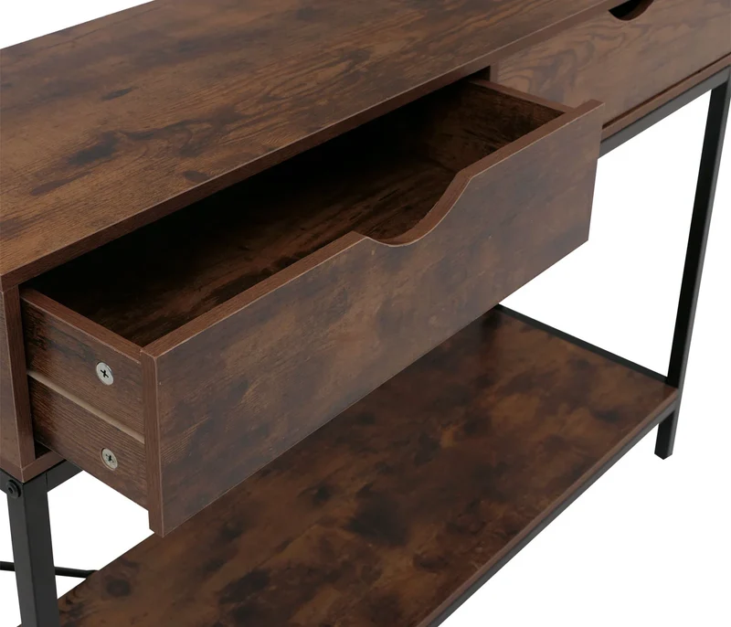 Console industrielle table d’appoint avec 2 tiroirs et étagère 109 x 30 cm en MDF mélaminé rouge brun et métal noir 04_0009106