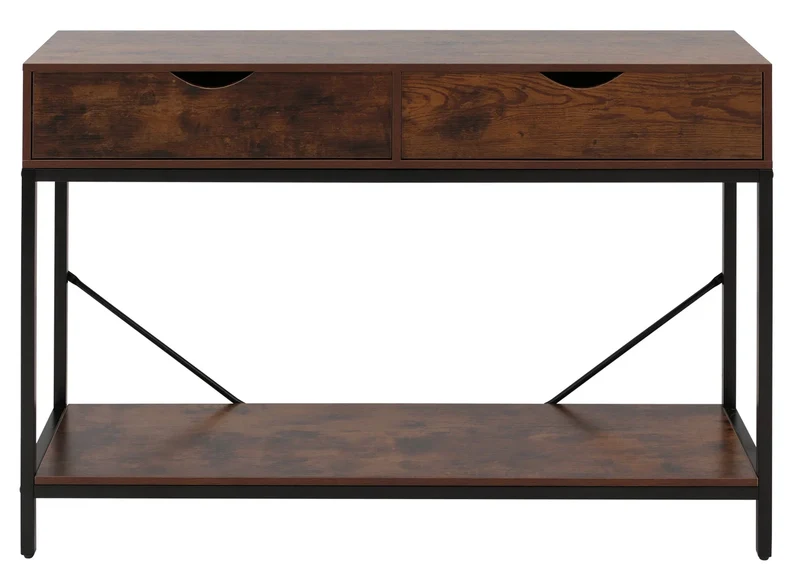 Console industrielle table d’appoint avec 2 tiroirs et étagère 109 x 30 cm en MDF mélaminé rouge brun et métal noir 04_0009106