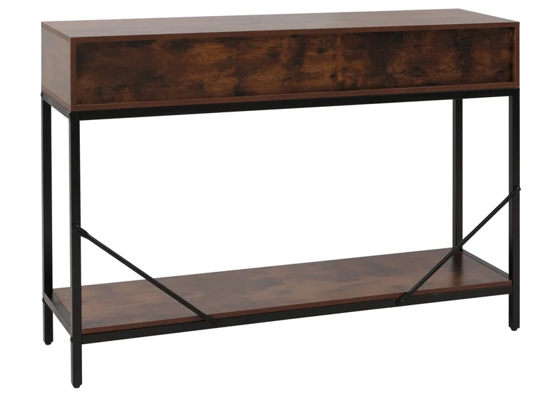Console industrielle table d’appoint avec 2 tiroirs et étagère 109 x 30 cm en MDF mélaminé rouge brun et métal noir 04_0009106