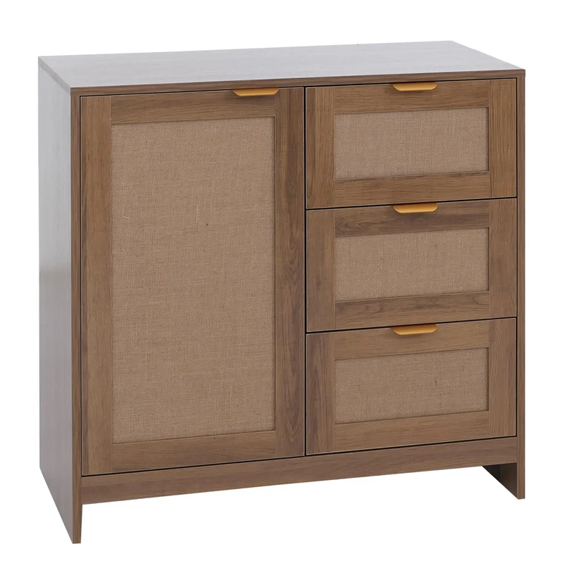 Commode 3 tiroirs et 2 compartiments façade effet lin 80 x 80 x 40 cm MDF mélaminé marron poignées dorées 04_0008721