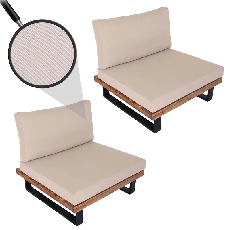 Lot de 2 fauteuils lounge bas avec coussins épais crème en aluminium et bois d’acacia marron avec coussins 04_0009396
