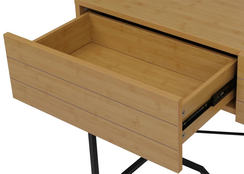 Console industrielle avec 2 tiroirs style loft moderne 81 x 120 x 40 cm en MDF mélaminé aspect bambou et métal 04_0008852