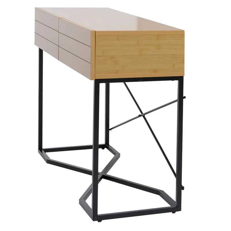 Console industrielle avec 2 tiroirs style loft moderne 81 x 120 x 40 cm en MDF mélaminé aspect bambou et métal 04_0008852