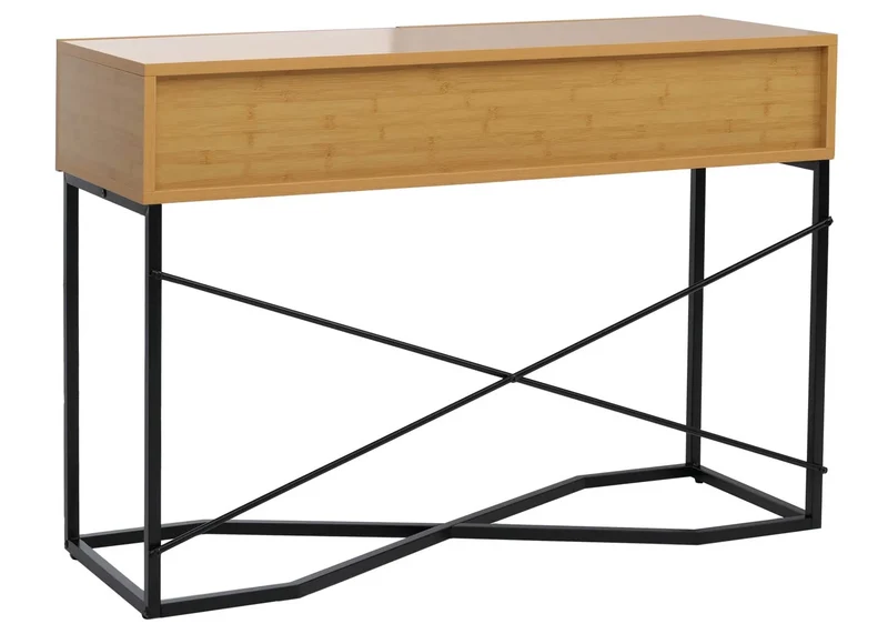 Console industrielle avec 2 tiroirs style loft moderne 81 x 120 x 40 cm en MDF mélaminé aspect bambou et métal 04_0008852