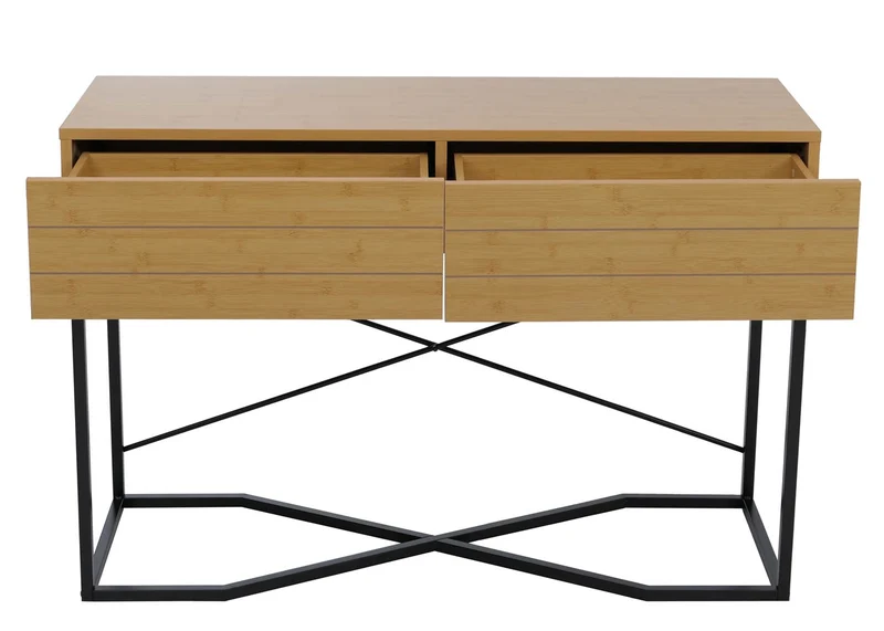 Console industrielle avec 2 tiroirs style loft moderne 81 x 120 x 40 cm en MDF mélaminé aspect bambou et métal 04_0008852
