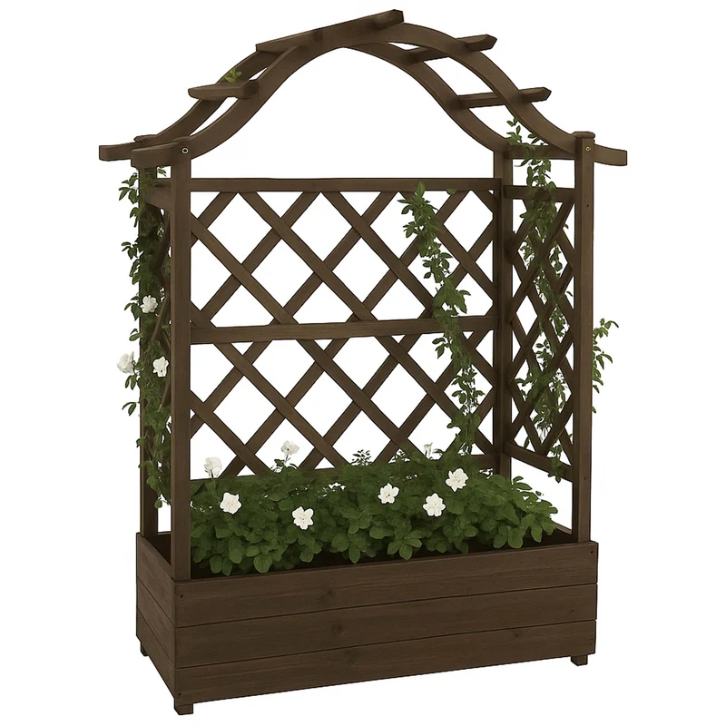 Bac à fleurs surélevé avec treillis 4 côtés jardinière 138 x 110 x 44 cm brise-vue extérieur en bois marron 04_0008925