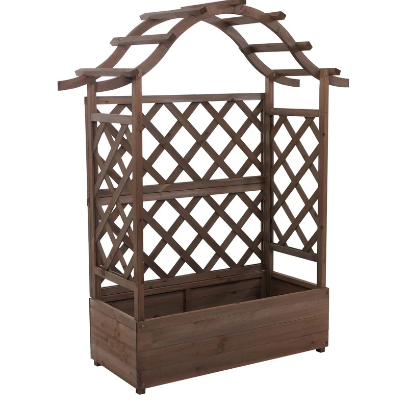 Bac à fleurs surélevé avec treillis 4 côtés jardinière 138 x 110 x 44 cm brise-vue extérieur en bois marron 04_0008925
