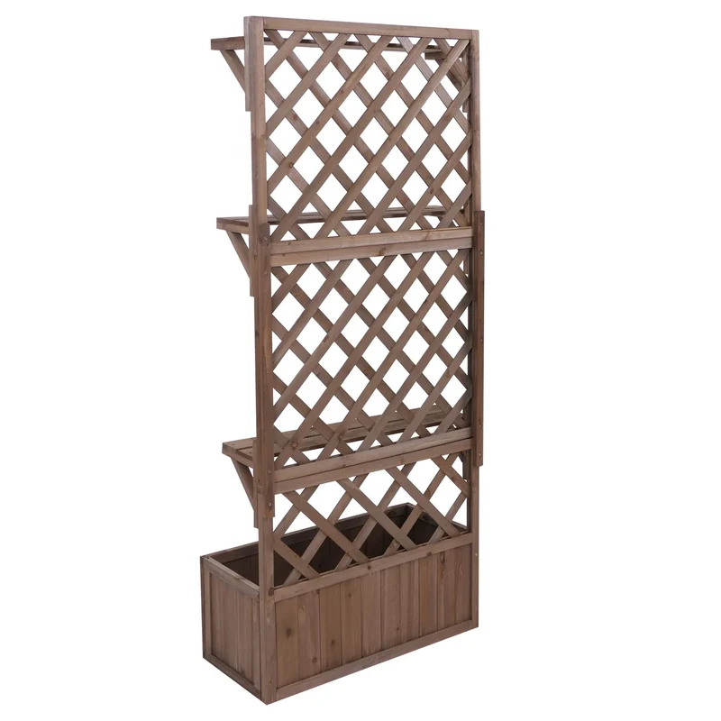 Bac à fleurs surélevé avec treillis et étagères jardinière 177 x 77 x 33 cm en bois marron 04_0008917