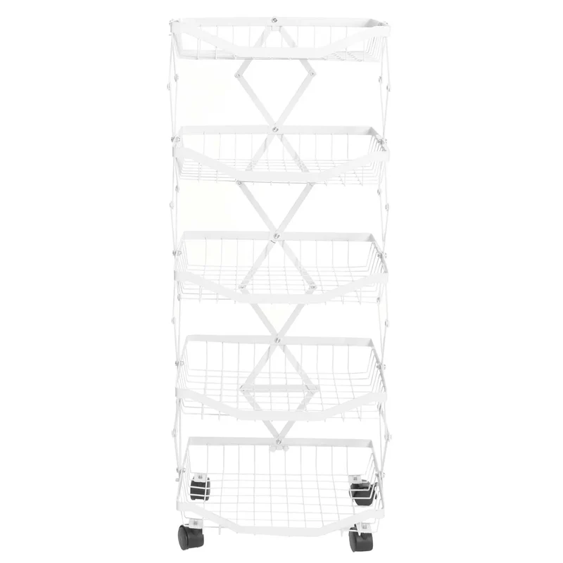 Etagère de cuisine chariot de cuisine sur roulettes étagère sur pied avec panier pliable et mobile 95 × 39 × 28 cm en métal blanc 04_0009543