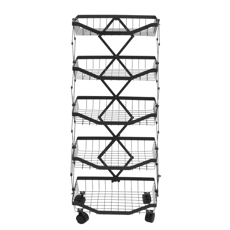 Etagère de cuisine chariot de cuisine sur roulettes étagère sur pied avec panier pliable et mobile 95 × 39 × 28 cm en métal noir 04_0009540
