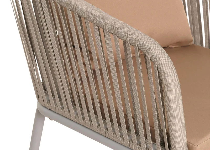 Salon de jardin 4 fauteuils avec coussins + table design moderne tressage en corde gris coussins taupe 04_0010083