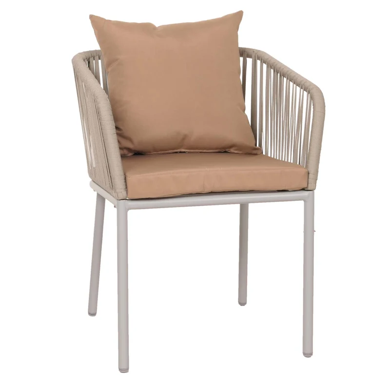 Salon de jardin 4 fauteuils avec coussins + table design moderne tressage en corde gris coussins taupe 04_0010083