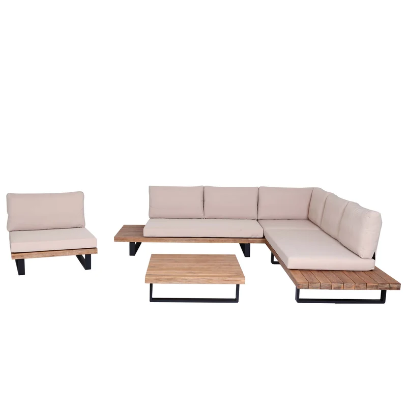 Salon de jardin avec fauteuil ensemble lounge avec canapé et table en bois d’acacia marron clair et aluminium et coussins beiges 04_0010287
