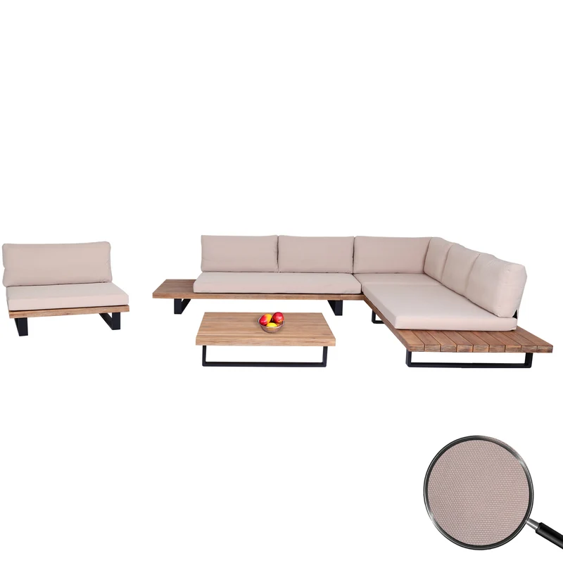 Salon de jardin avec fauteuil ensemble lounge avec canapé et table en bois d’acacia marron clair et aluminium et coussins beiges 04_0010287