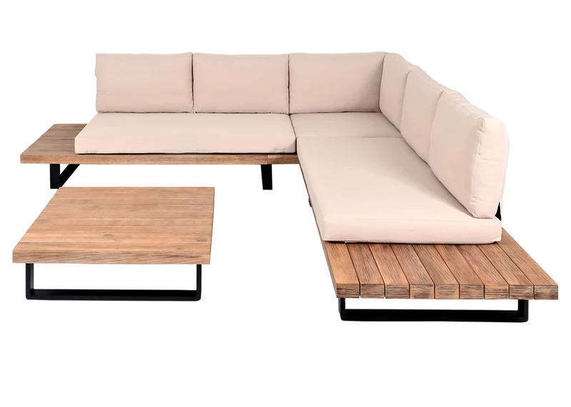 Salon de jardin avec fauteuil ensemble lounge avec canapé et table en bois d’acacia marron clair et aluminium et coussins beiges 04_0010287