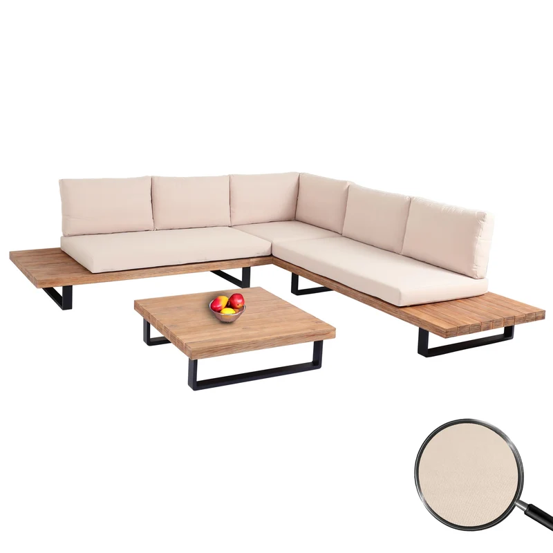 Salon de jardin 5 places avec canapé d’angle table et tablettes latérales ensemble lounge en aluminium et acacia coussins beige 04_0010288