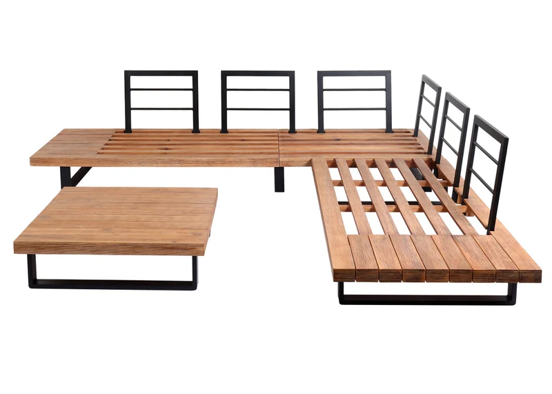 Salon de jardin 5 places avec canapé d’angle table et tablettes latérales ensemble lounge en aluminium et acacia coussins beige 04_0010288