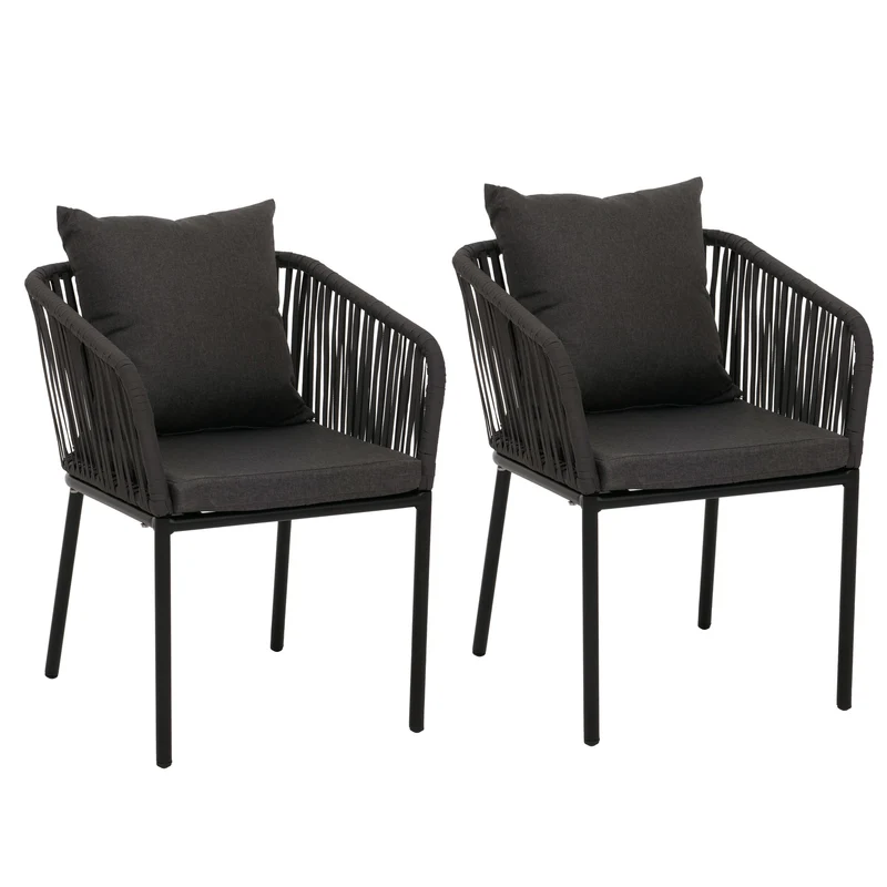 Lot de 2 chaises de jardin d’extérieur en aluminium avec accoudoirs tressage corde anthracite coussins gris foncé 04_0009796