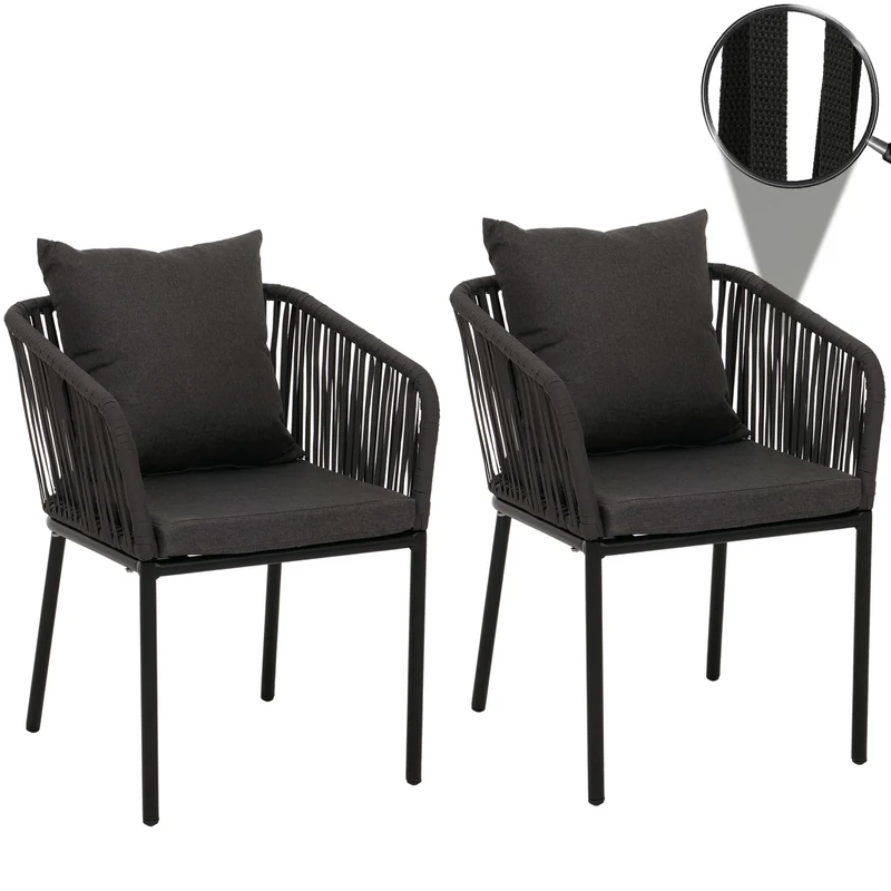 Lot de 2 chaises de jardin d’extérieur en aluminium avec accoudoirs tressage corde anthracite coussins gris foncé 04_0009796