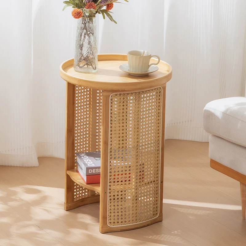 Traditional Chinese Bamboo Wood Woven Round End Table 2-Tier For Living Room