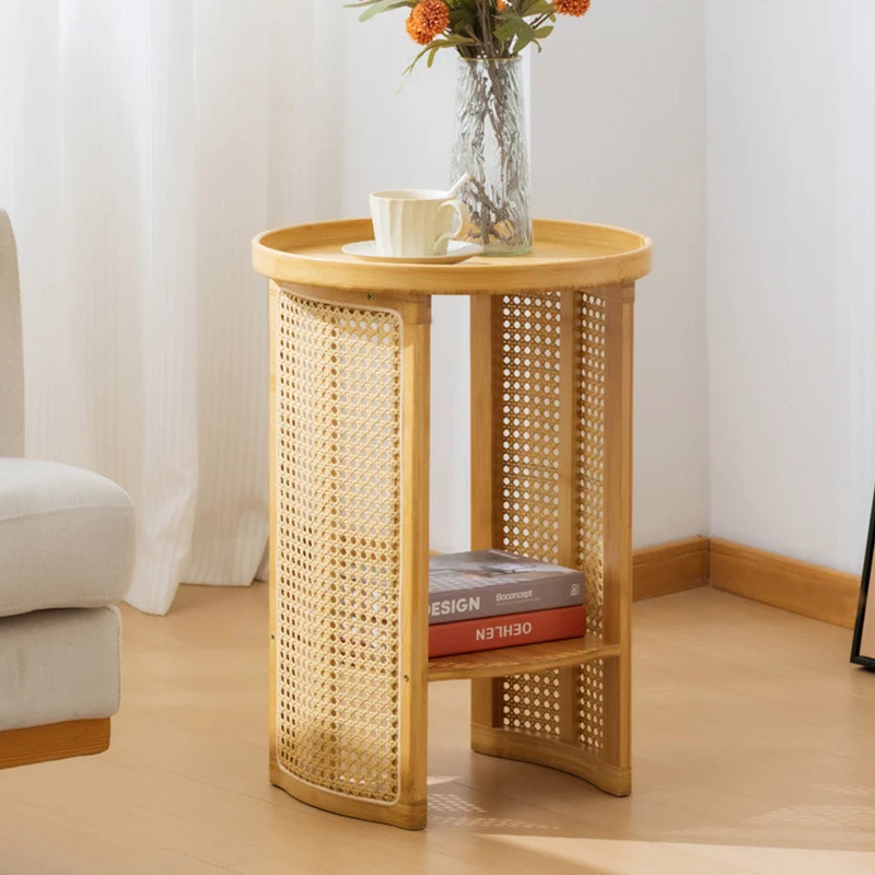 Traditional Chinese Bamboo Wood Woven Round End Table 2-Tier For Living Room